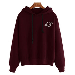 Women Hoodies Casual Planet Print Solid Color Loose Drawstring Sweatshirt Fashion Long Sleeve Hooded Female Tops