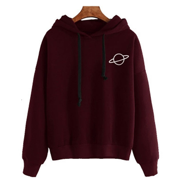 Women Hoodies Casual Planet Print Solid Color Loose Drawstring Sweatshirt Fashion Long Sleeve Hooded Female Tops